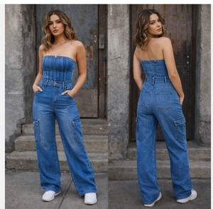 Strapless Denim Jumpsuit Sz Small Blue Cargo Wide Leg NWT Wild Fable